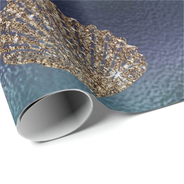 Papel De Presente Sereia Oceano Glitter Marinho Azul Dourado Conchas (Ponta do rolo)
