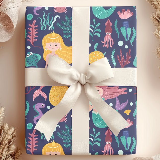 Papel De Presente Sereia Sob o Mar Aniversário do Oceano (Criador carregado)