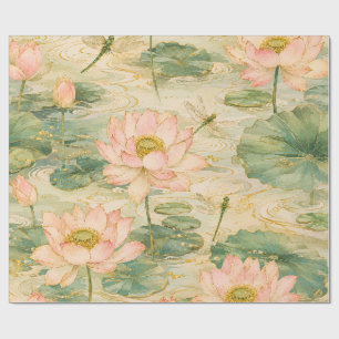 Papel De Presente Serenas Flores de Lótus & Libélulas Botânica Japon