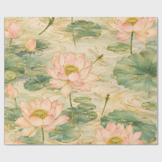 Papel De Presente Serenas Flores de Lótus & Libélulas Botânica Japon