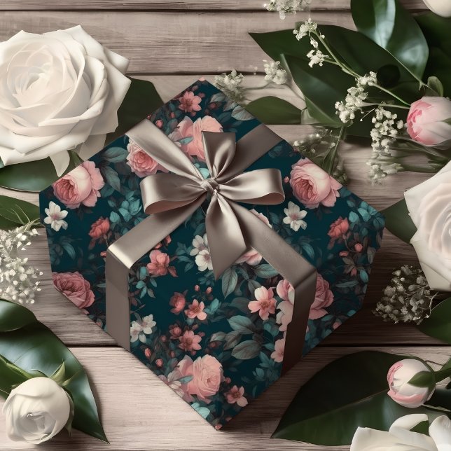Papel De Presente Serenidade Teal Com Jardim Rosa Rosa Rosa (Criador carregado)