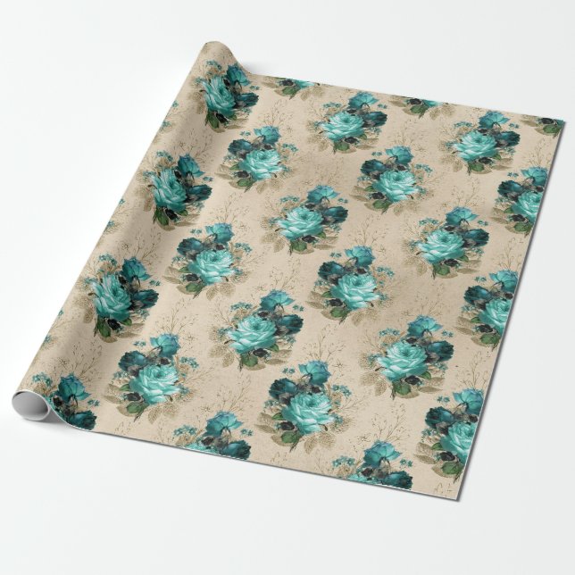 Papel De Presente Série Floral Shabby Aqua Desenho 3 (Desenrolado)