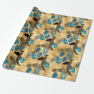 Papel De Presente Série Leopardo Azul e Dourada Design 7
