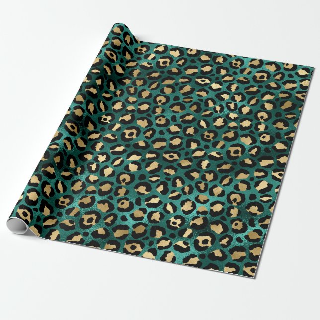 Papel De Presente Série Teal e Gold Leopard Design 3  (Desenrolado)