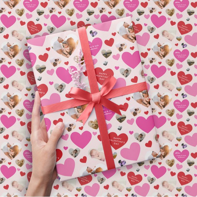 Papel De Presente Sete Dias de os namorados Fotográficos (cute pink and red Valentine's Day gift wrap with seven personalized photo hearts and custom text)
