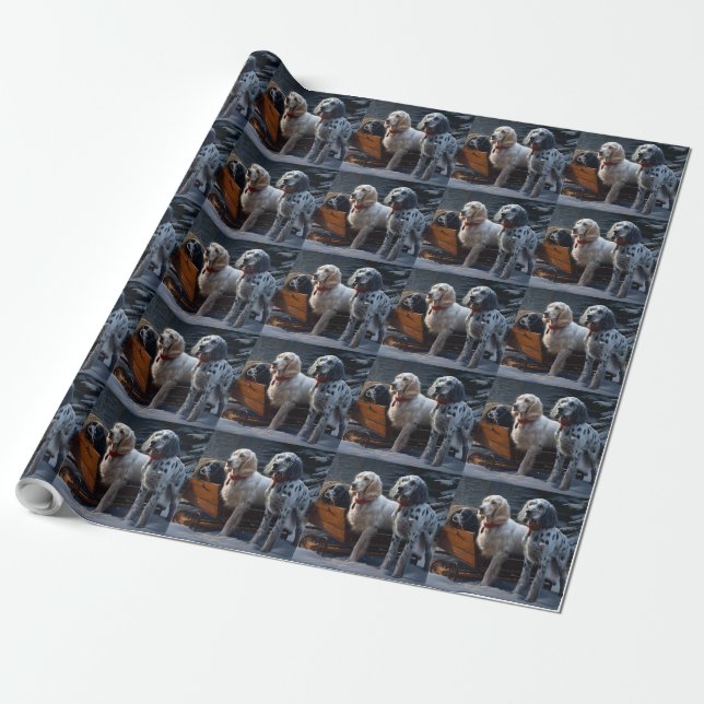 Papel De Presente Setter Inglês Snowy Sleigh Decoração de Natal  (Desenrolado)