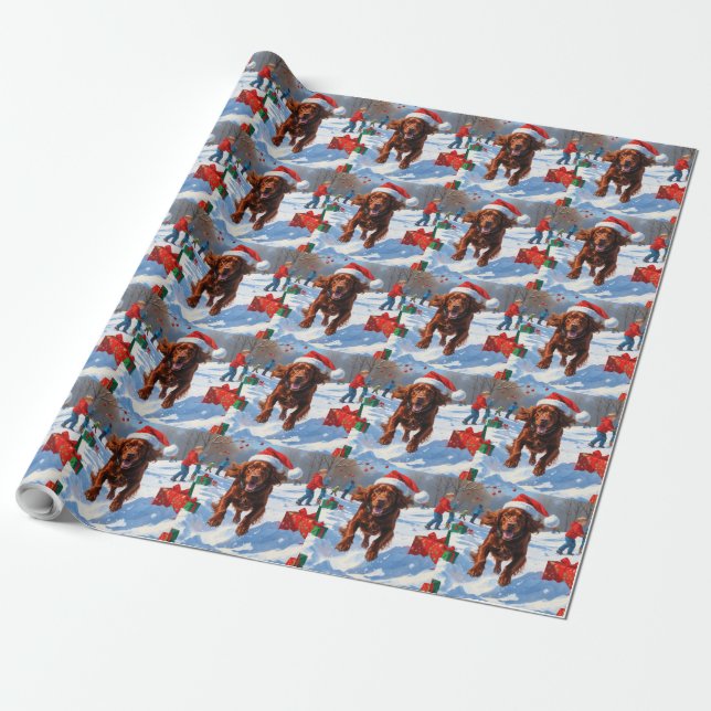 Papel De Presente Setter Vermelho Irlandês Correndo na Neve com Chap (Desenrolado)