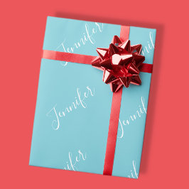 Papel De Presente Seu nome | Elegante White Script em Robin Egg Blue