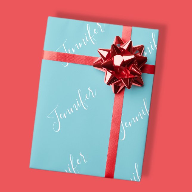 Papel De Presente Seu nome | Elegante White Script em Robin Egg Blue (Criador carregado)