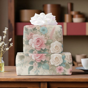 Papel De Presente Shabby Chic Rosa Desbotado Verde Sage Boho Floral 