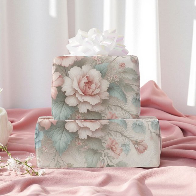 Papel De Presente Shabby Chic Rosa Desbotado Verde Sage Boho Floral  (Criador carregado)