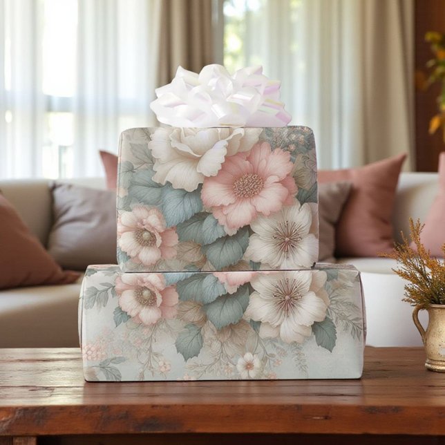 Papel De Presente Shabby Chic Rosa Desbotado Verde Sage Boho Floral  (Criador carregado)