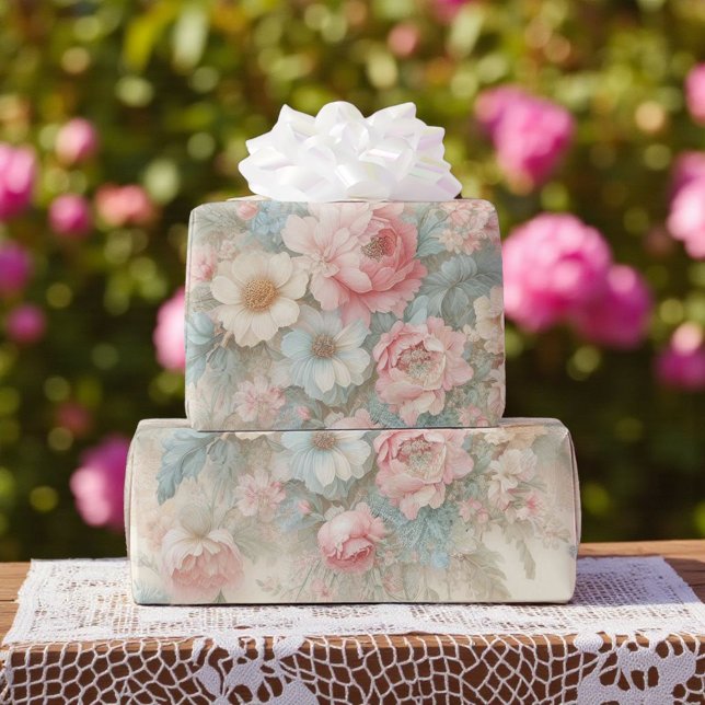 Papel De Presente Shabby Chic Rosa Desbotado Verde Sage Boho Floral  (Criador carregado)