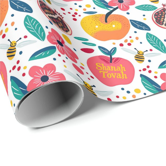 Papel De Presente Shana Tova com maçãs e abelhas (Ponta do rolo)