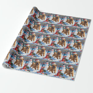 Papel De Presente Shar Pei Correndo na Neve com Chapéu de Natal