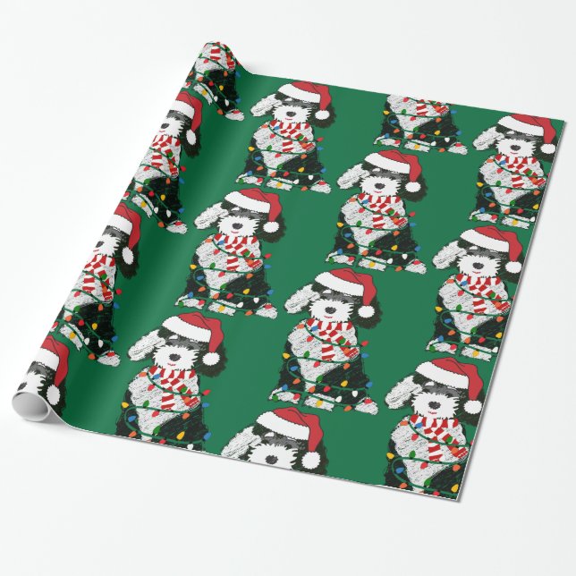 Papel De Presente Sheepadoodle das Luzes de Natal (Desenrolado)