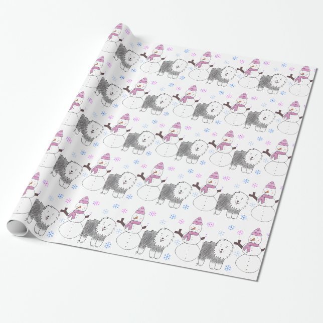 Papel De Presente Sheepdog e boneco de neve ingleses velhos (Desenrolado)