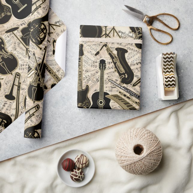 Papel De Presente Sheet Music and Instruments Black/Dourado ID481 (Artesanato)