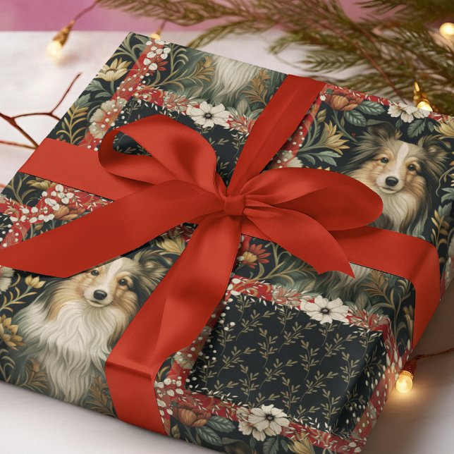 Papel De Presente Sheltie Shetland Sheepdog Victorian Floral (Criador carregado)
