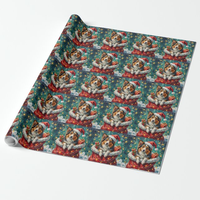 Papel De Presente Shetland Sheepdog Christmas Santa Bag Adventure (Desenrolado)