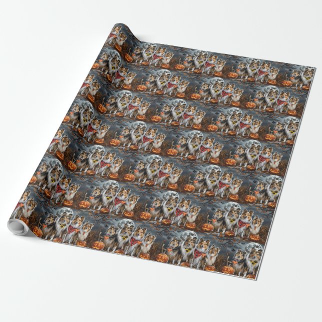 Papel De Presente Shetland Sheepdog Halloween Assustador  (Desenrolado)