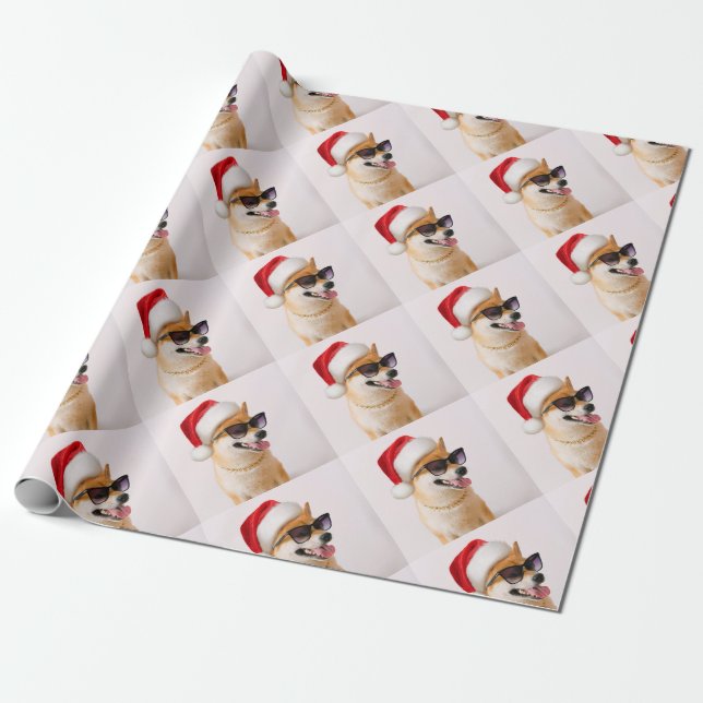 Papel De Presente Shiba Inu dog in Santa Claus red hats (Desenrolado)