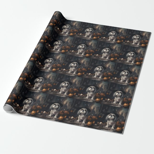 Papel De Presente Shih Tzu Abóboras Halloween Assustador (Desenrolado)