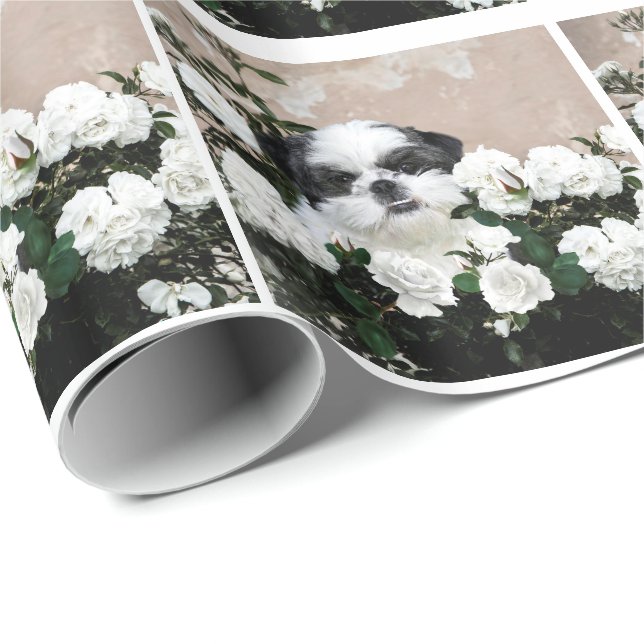 Papel De Presente Shih Tzu e rosas (Ponta do rolo)