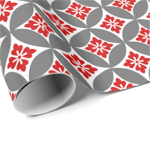Papel De Presente Shippo com Motivo de Flor, Vermelho, Branco e Cinz