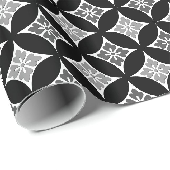 Papel De Presente Shippo com motivo, preto, branco e cinzas da flor (Ponta do rolo)
