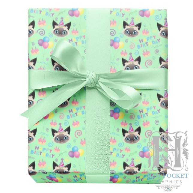 Papel De Presente Siamese Cat Birthday Gift Wrapping Paper in Green (Criador carregado)