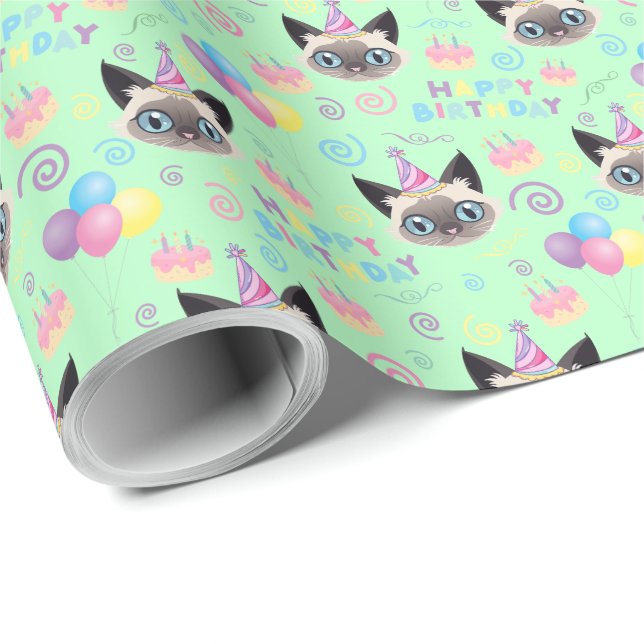 Papel De Presente Siamese Cat Birthday Gift Wrapping Paper in Green (Ponta do rolo)