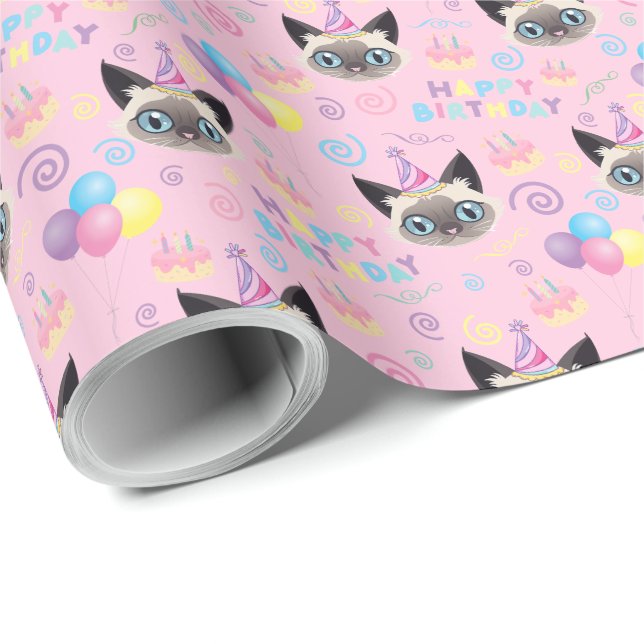 Papel De Presente Siamese Cat Birthday Gift Wrapping Paper in Pink (Ponta do rolo)