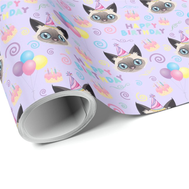Papel De Presente Siamese Cat Birthday Gift Wrapping Paper in Purple (Ponta do rolo)
