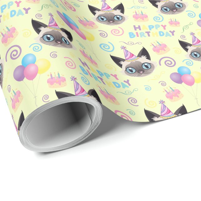 Papel De Presente Siamese Cat Birthday Gift Wrapping Paper in Yellow (Ponta do rolo)