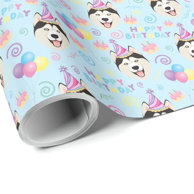 Papel De Presente Siberian Husky Birthday Gift Wrapping Paper Blue (Ponta do rolo)