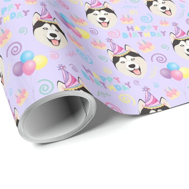 Papel De Presente Siberian Husky Birthday Gift Wrapping Paper Purple (Ponta do rolo)