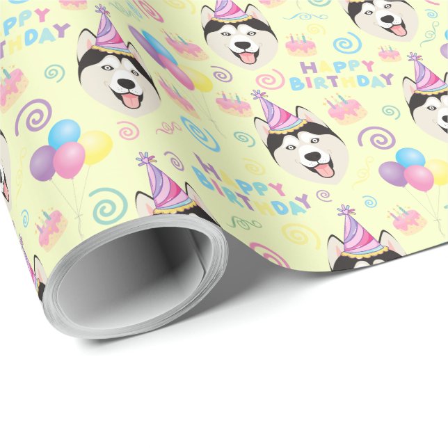 Papel De Presente Siberian Husky Birthday Gift Wrapping Paper Yellow (Ponta do rolo)