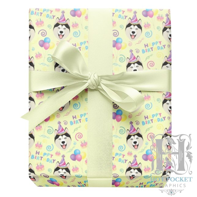 Papel De Presente Siberian Husky Birthday Gift Wrapping Paper Yellow (Criador carregado)