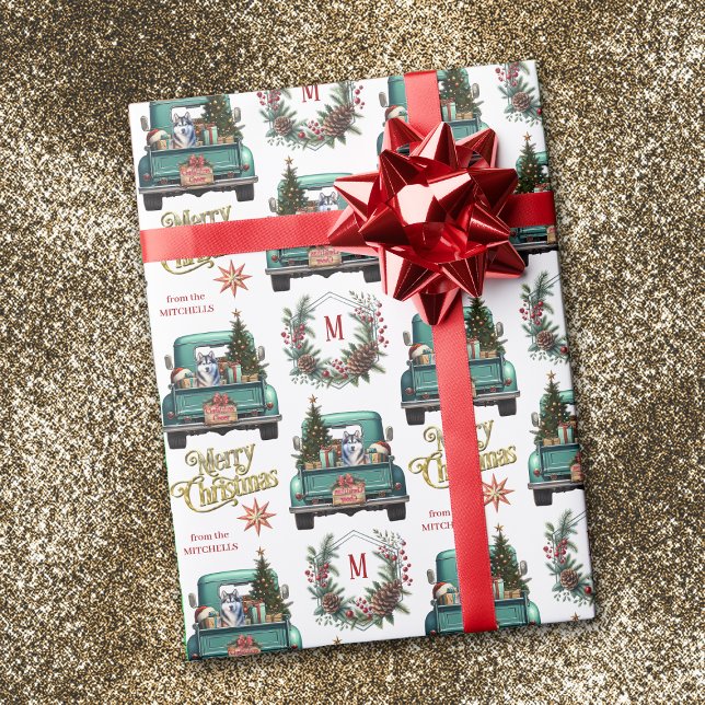 Papel De Presente Siberian Husky Dog Retro Truck Monograma (Criador carregado)