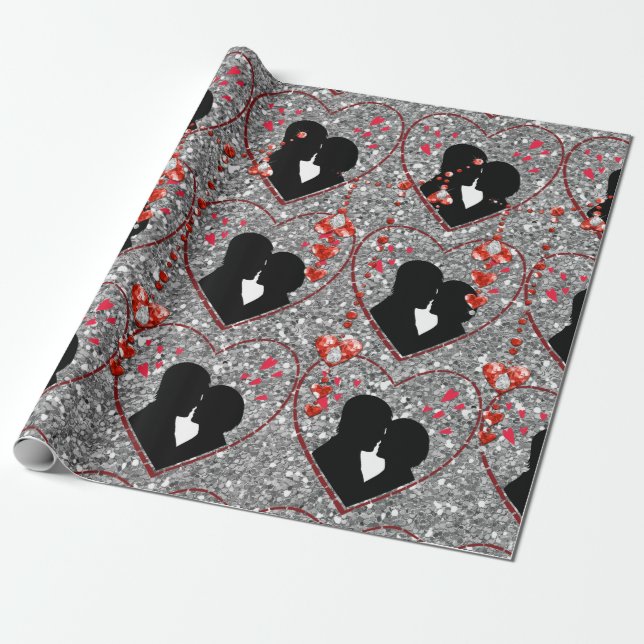 Papel De Presente Silhouette Casal Red Heart Droplets Silver (Desenrolado)