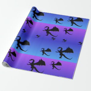 Papel De Presente Silhueta de Dragão Voador Roxo Azul