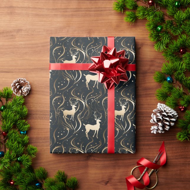 Papel De Presente Silhueta de Reindeer preto e Dourado radiante (Presente de Natal)
