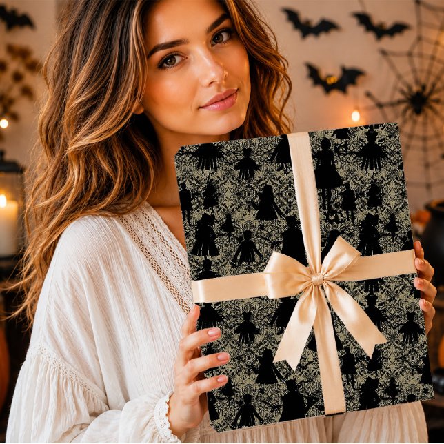 Papel De Presente Silhuetas Assombradas de Bonecas Góticas Damask (Criador carregado)