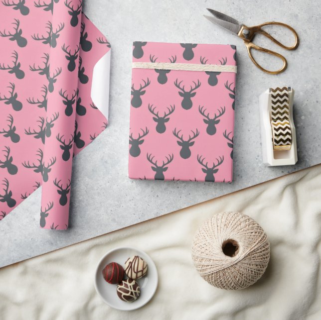 Papel De Presente Silhuetas de cervo macho em rosa (Artesanato)