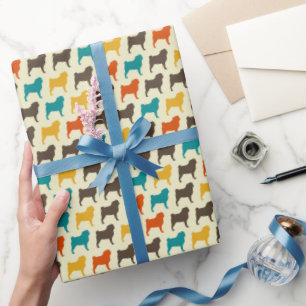 Papel De Presente Silhuetas de Pug Raça de Cachorro em Cores Retrô
