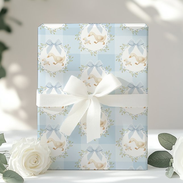 Papel De Presente Silly Goose Blue Bow Whimsical Preppy Gingham (Criador carregado)