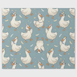 Papel De Presente Silly Goose Party – Blue Background with Feathers