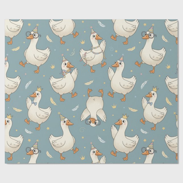 Papel De Presente Silly Goose Party – Blue Background with Feathers (Aberto)