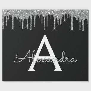 Papel De Presente Silver Black Luxury Glitter Glam Monograma Nome